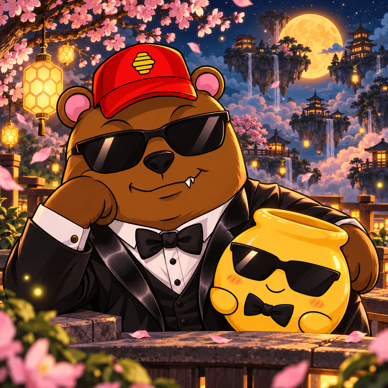 Pot the bear and his little honey-pot companion in sunglasses and bow ties, surrounded by sakura and glowing lanterns.